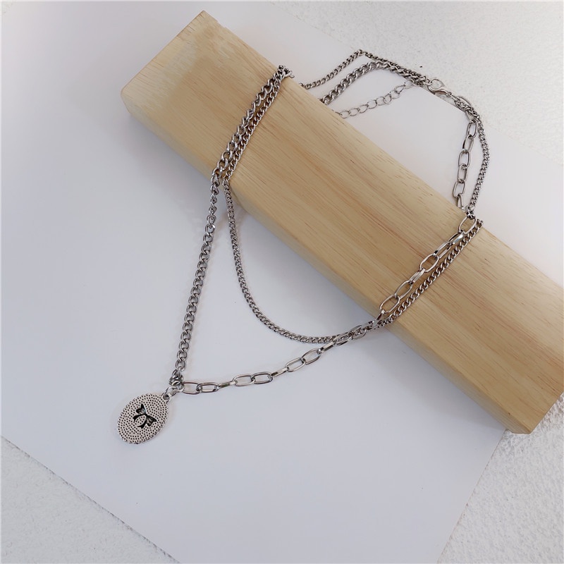 Kalung Rantai Liontin Pita Geometris Warna Silver Gaya Punk Antik Retro Hip-Hop