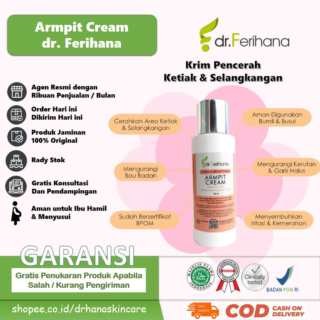 Ultimate Brightening Armpit Cream dr. Ferihana Cosmetics &amp; Skincare Merupakan Krim Pencerah untuk Mencerahkan Kulit Ketiak Selangkangan Pantat Siku dan Lutut BPOM LPPOM HALAL MUI