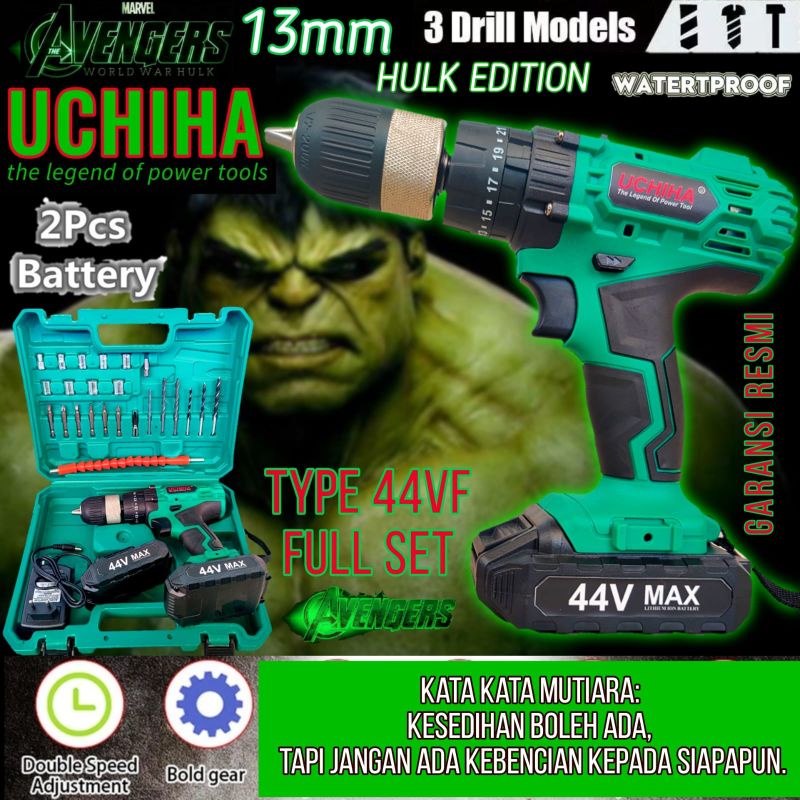 CORDLESS IMPACT DRILL 44V UCHIHA bor beton tembok 2 baterai brushless variable speed fullset komplit