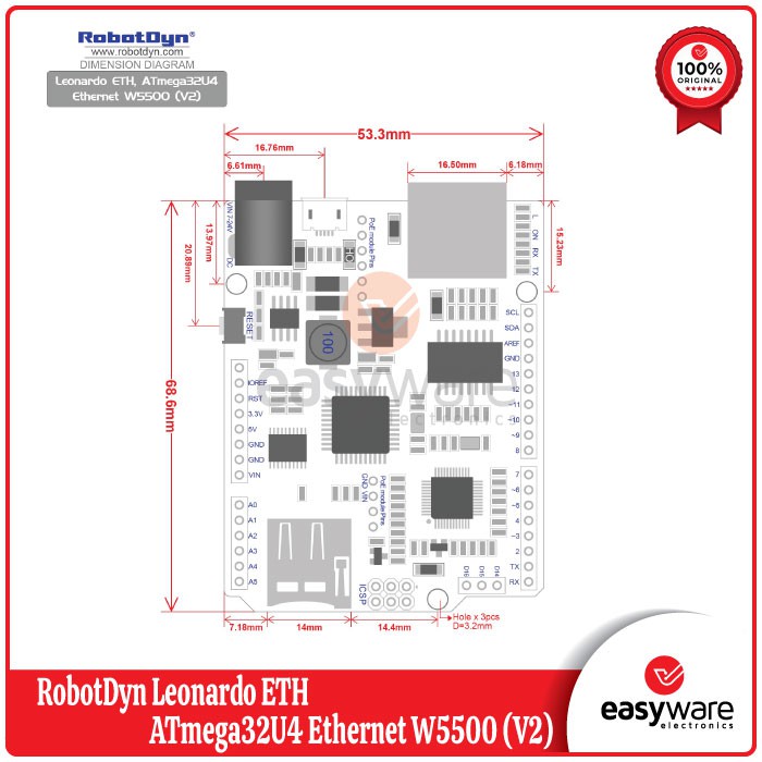 RobotDyn Leonardo ETH, ATmega32U4 Ethernet W5500 (V2) - No PoE