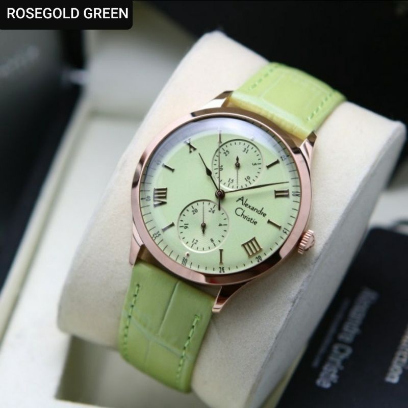 Alexandre Christie Original AC2943 Jam Tangan Wanita Tali Kulit hijau  Rosegold