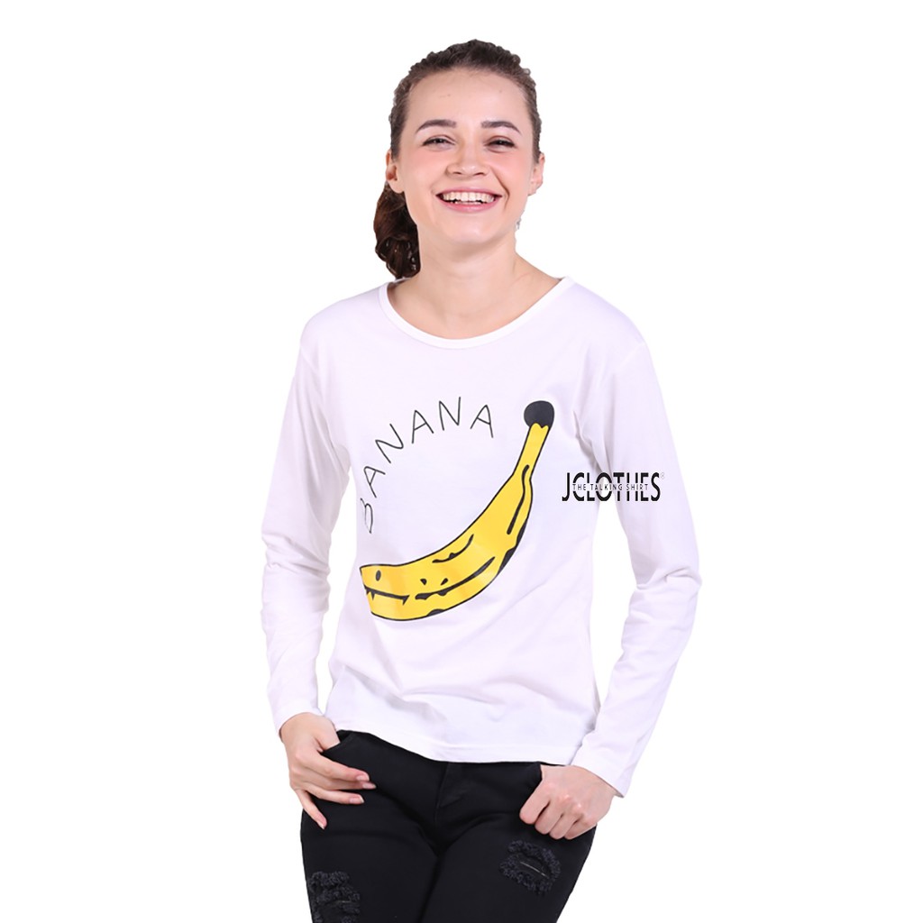 Kaos Wanita / Kaos Cewe / T-Shirt Wanita Lengan Panjang Banana - Putih