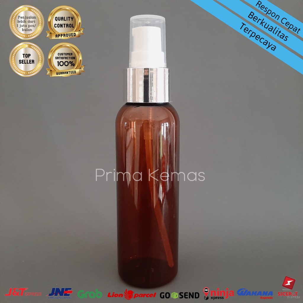 Botol Pump Treatment 100 ml - botol kosmetik  - botol skincare Pet 100 ml Coklat Pump TU Foil