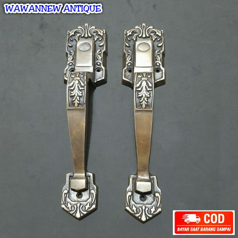 PROMO Handle Pintu / Gagang Pintu Rumah Pagar Kuningan Antik Motif Garas 28cm