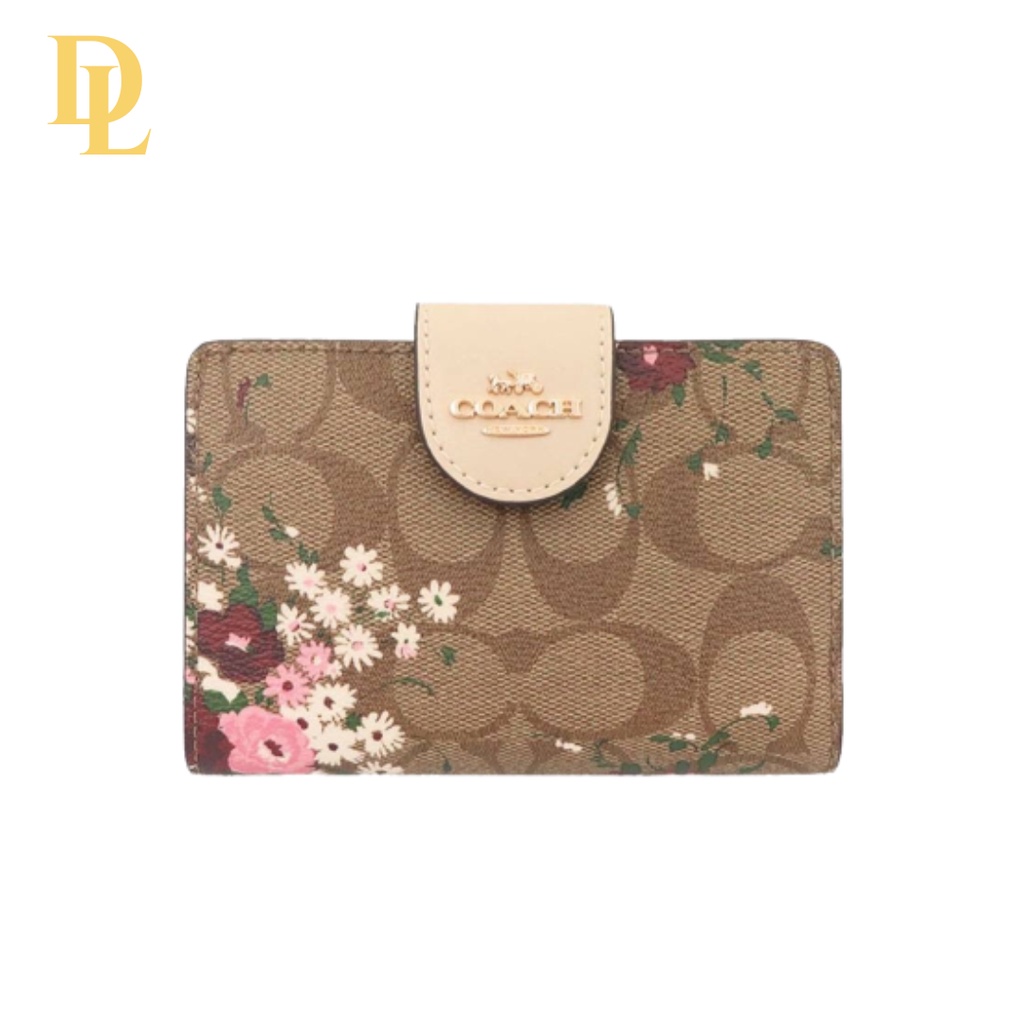 Coach Medium Corner Zip Wallet In Signature Canvas Brown Flower (3773)