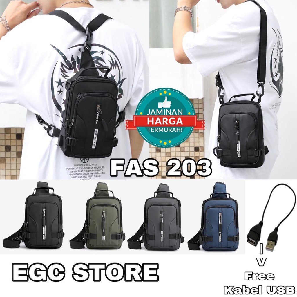 Tas Selempang Pria Keren Multifungsi Waistbag Anti Air USB Charge Fashion Slempang - FAS-203