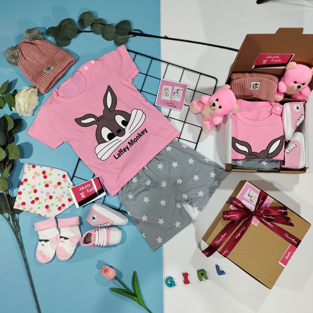 PAKET HEMPERS BABY GIRLS / MOTIF BAJU LAFFEY RABBIT BAYI / HADIAH KADO BAYI BARU LAHIRAN PEREMPUAN /