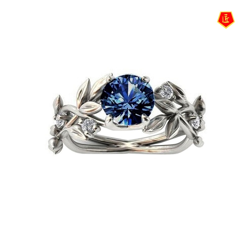 [Ready Stock]Creative Diamond Sapphire Olive Leaf Ring