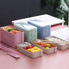 Tempat Makan/Lunch Box Kotak Susun 3 Bahan Gandum Tempat Makan +Satu Set Sendok Garpu Sumpit