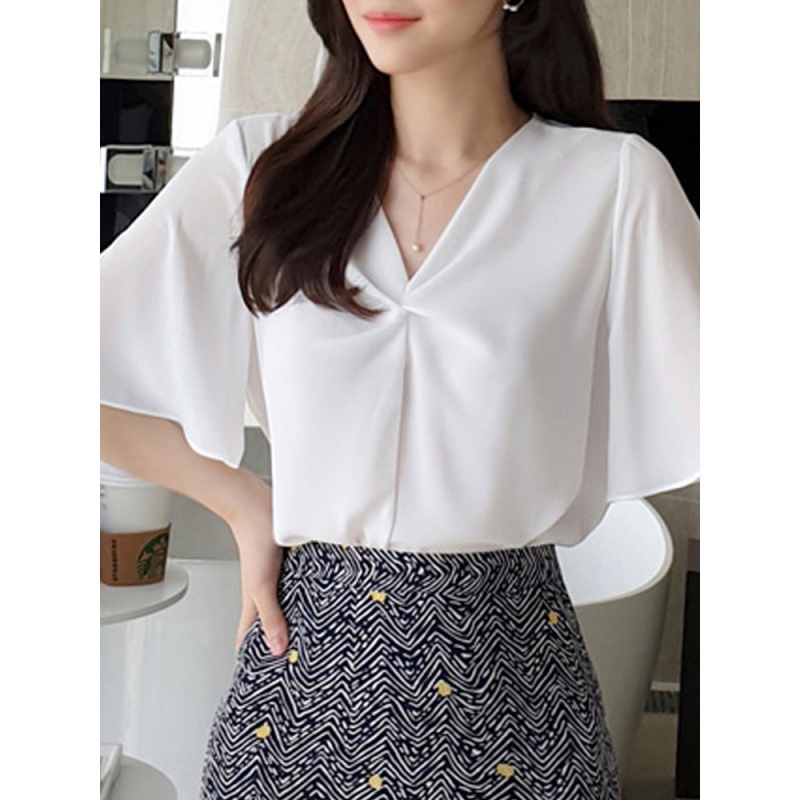 #Sisjuly# Wanita Musim Panas Gaun Sifon Korea Gaya Barat Kemeja Lengan Pendek Longgar Warna Solid V-