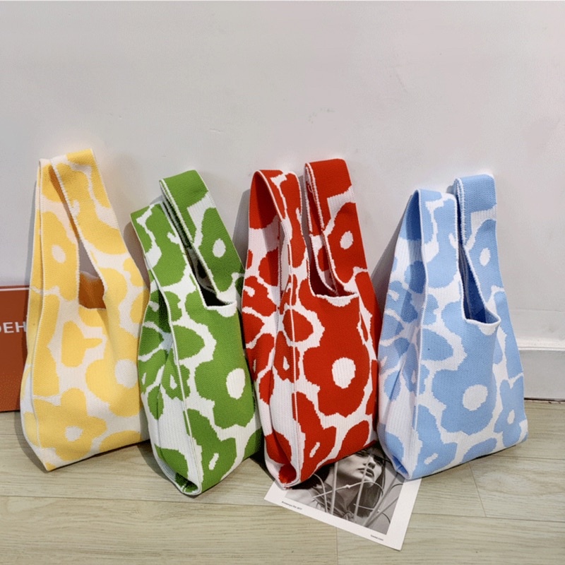 TI 3146 - Tas BUFFOLLOW Vacay Tote Bag Motif Bunga - Tas BUFOLLOW BUFFOLLOW BAG VIRAL THAILAND - BENE Korean Knitted Checkered Tote Bag / Tas Rajut Korea - E1