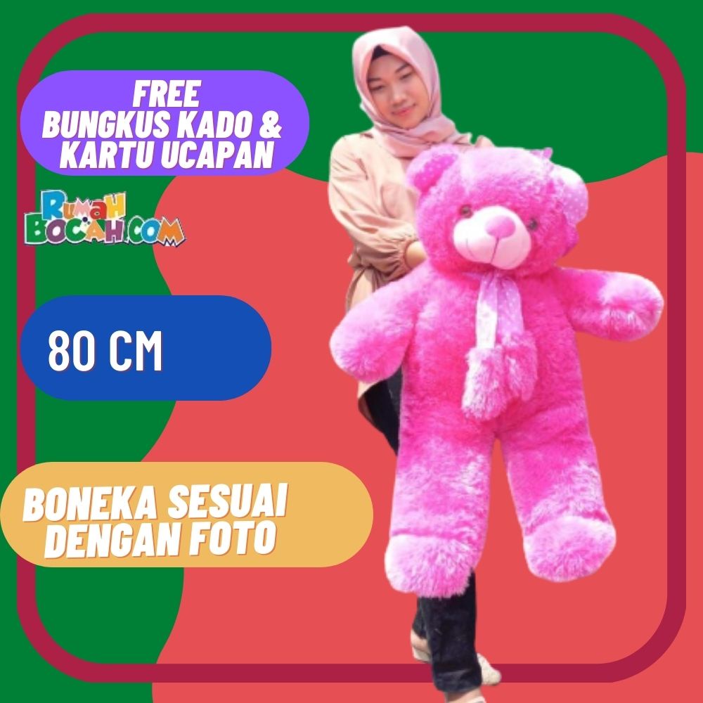 Boneka Beruang 80 cm Teddy Bear Beruang Jumbo Besar Syal Topi Merah Fanta XL untuk Kado Ulang Tahun 