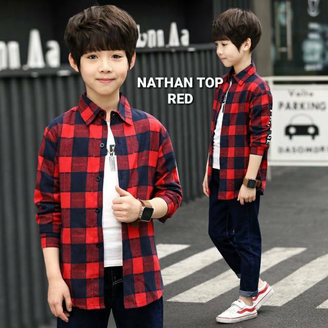 NATHAN TOP RED /KEMEJA LENGAN PANJANG ANAK LAKI LAKI MOTIF KOTAK MERAH / BAJU KOKO ANAK COWOK IMPORT