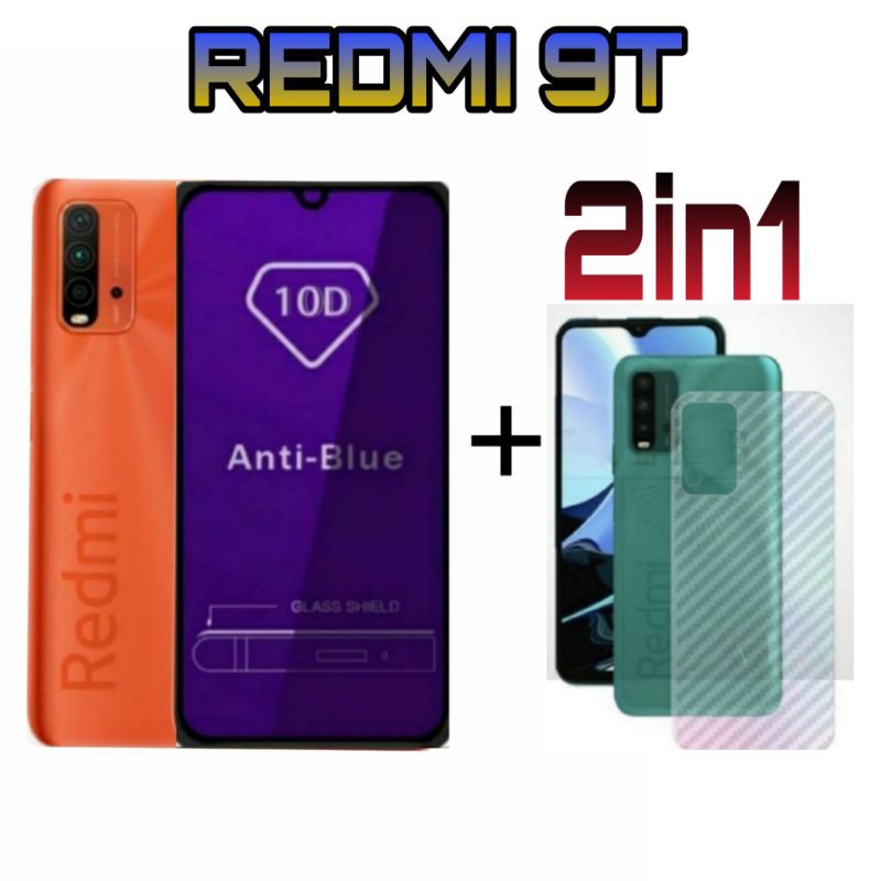 PROMO 2in1 Tempered glass Blue Redmi 9T Anti blue Light Plus Skin Carbon 3D