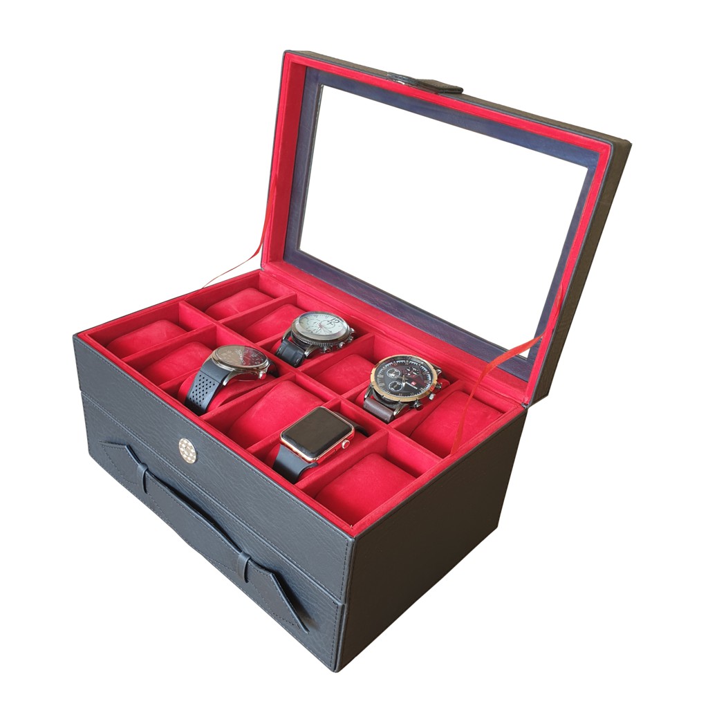 2KG BLACK CREM - Kotak Jam Tangan isi 12 Mix Kacamata / Watches Box and Glasses Box Organizer