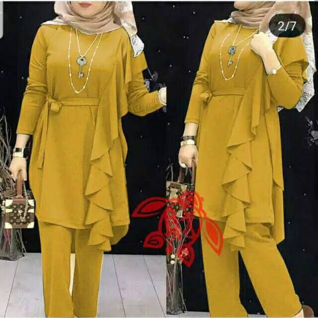SET CELANA NAURA LAYER, MOSCREPE PREMIUM, GAMIS HIJAB MUSLIM DRESS, SETELAN, 2 UKURAN