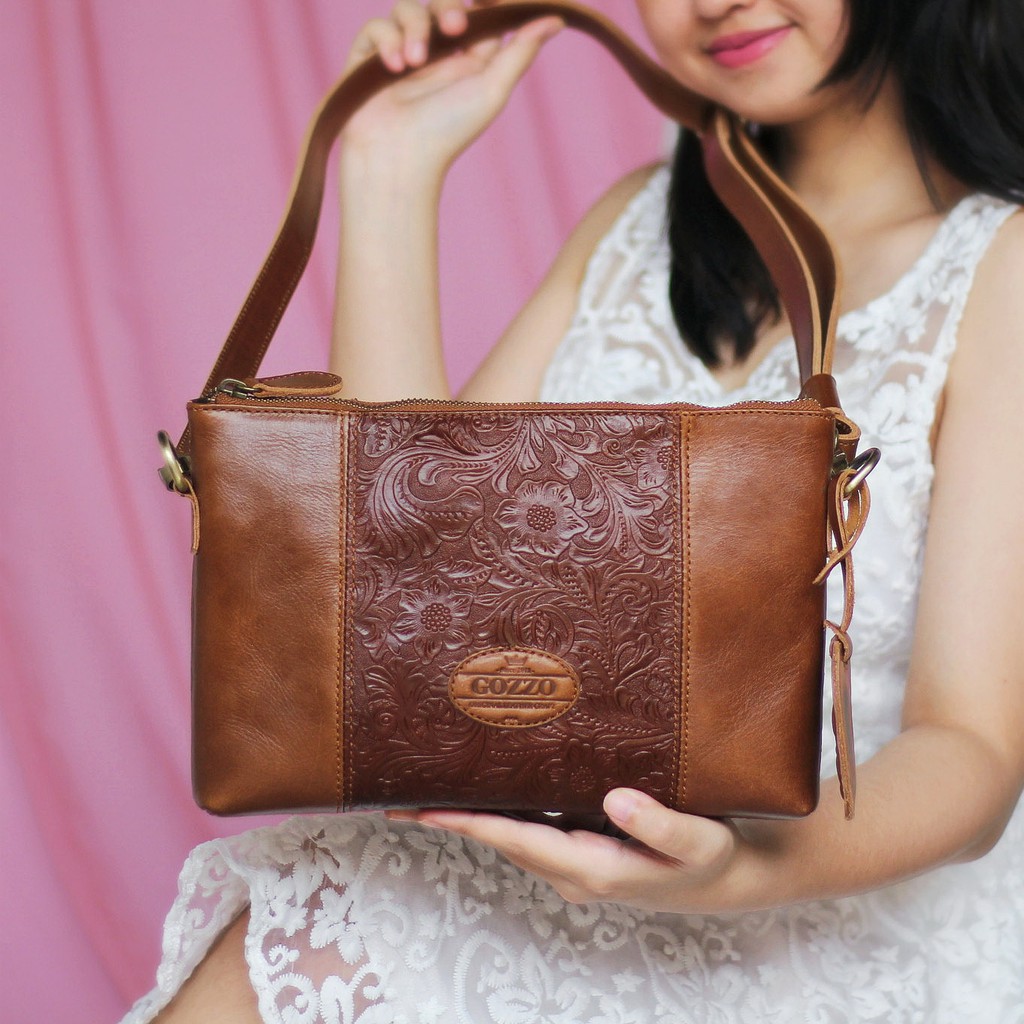 TAS KULIT ASLI SLEMPANG WANITA MODEL NAOMI KULIT SAPI MOTIF BATIK HAVANA / FREE GRAVIR NAMA DI TAS