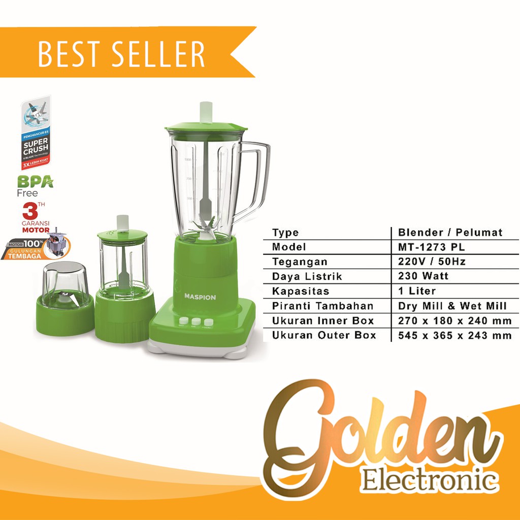 Maspion MT1273PL – Blender Plastik 1 Liter 3in1 Termurah Ready MT-1273PL