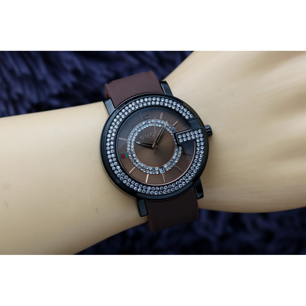 Jam Tangan Wanita Cewek Gucci Diamond Premium Tanggal Tali Karet