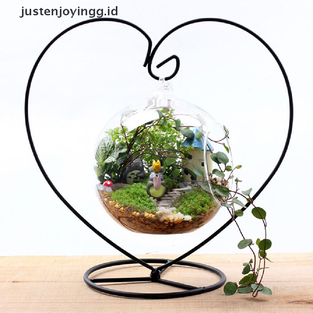 // justenjoyingg.id // Black Heart-shaped Iron Hanging Plant Glass Vase Terrarium Stand Holder ~