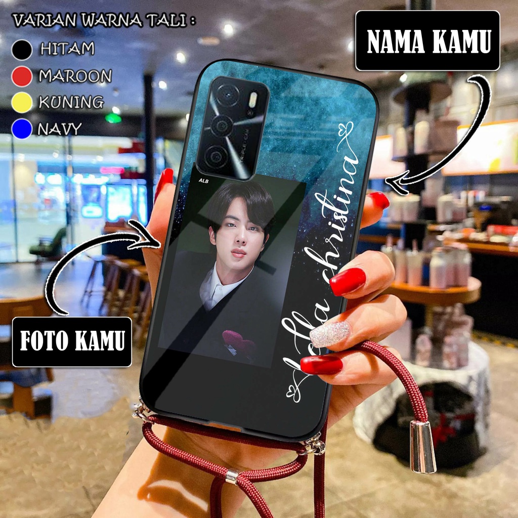 Custom Nama Softcase Glass +Tali for Oppo A16 | Casing Tali | Case Tali | Case Tali Kaca | Case kaca