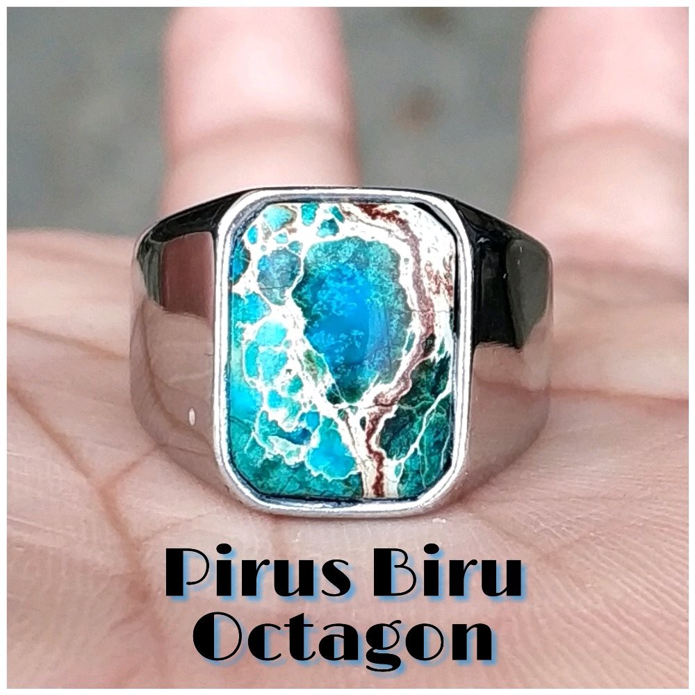 CINCIN BATU AKIK NATURAL PIRUS BIRU MINIMALIS OCTAGON TITANIUM SILVER