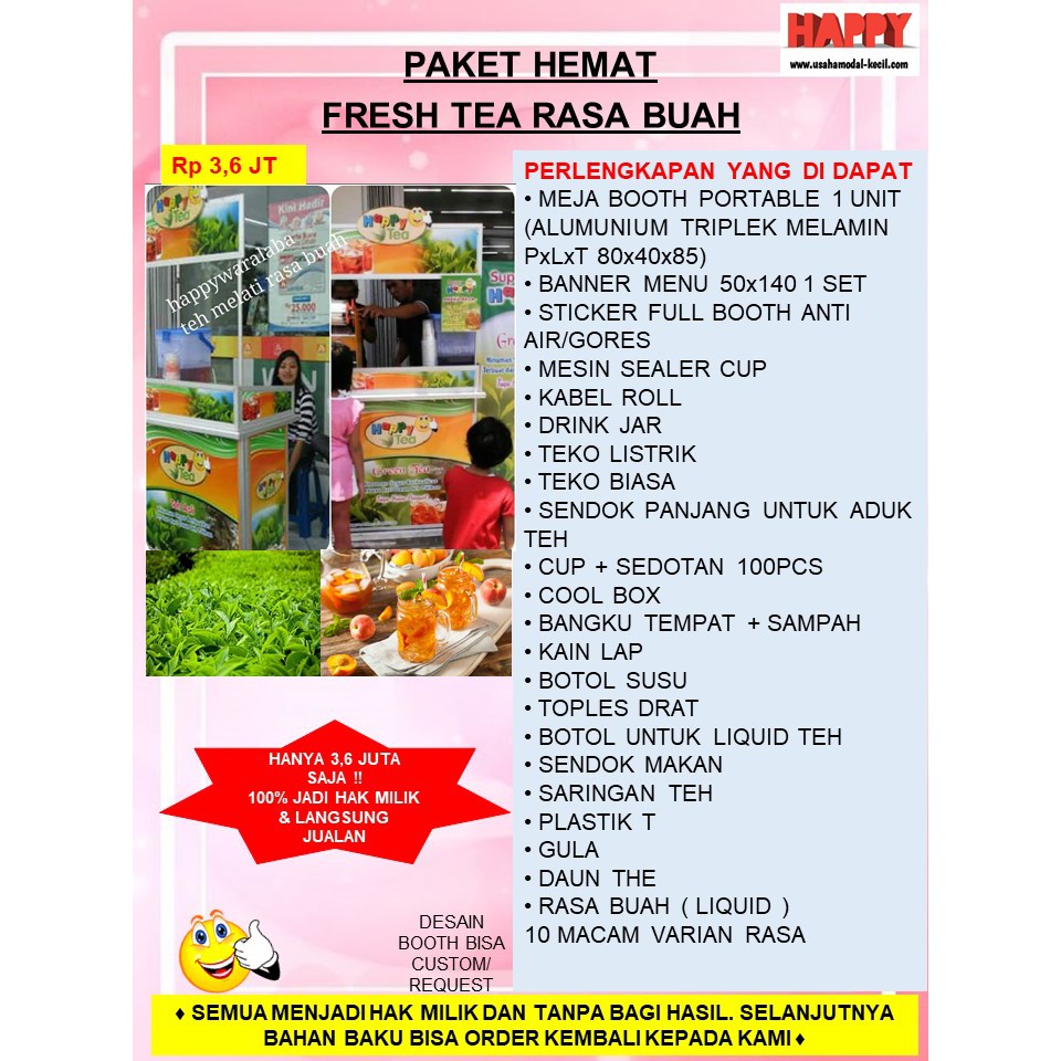 

PAKET HEMAT MURAH EKONOMIS USAHA FRANCHISE MINUMAN FRESH TEA RASA BUAH FRUIT TEA GEROBAK BOOTH