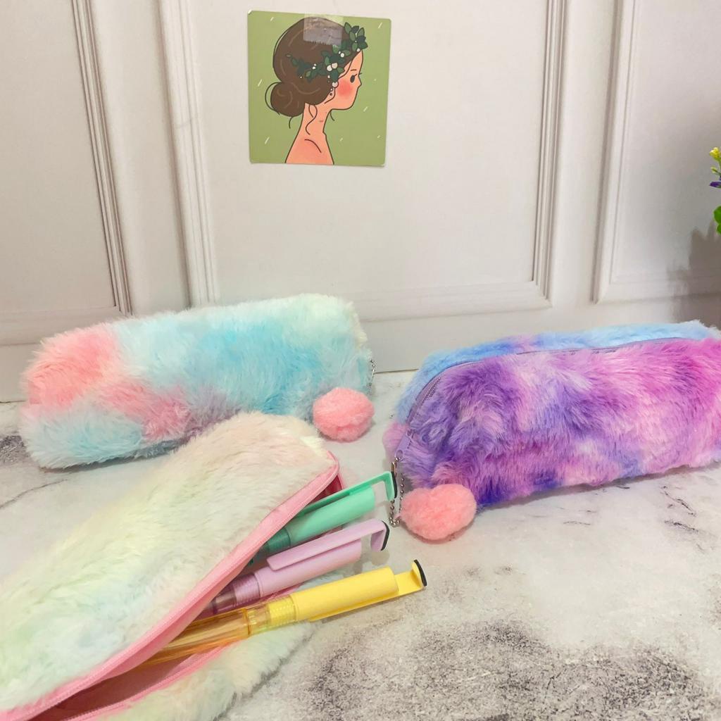 Tempat Pensil Bulu Rainbow Cute Lucu bahan kain Bludru Halus Termurah / Kotak Pensil Imut warna-warni Alat Tulis Sekolah dan kantor Stationary Fancy Best Quality bisa COD