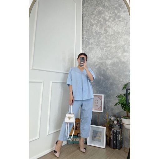 Malika Linen Set Setelan Celana Panjang 7/8 Wanita Jumbo Big Size Casual Polos