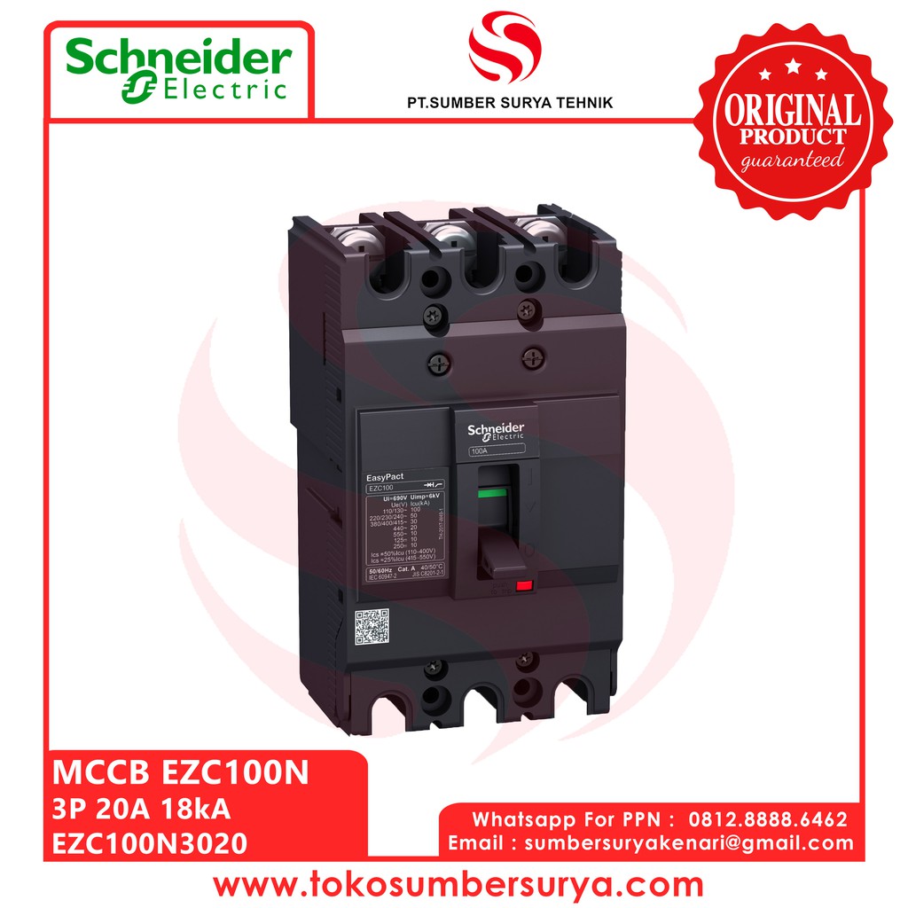 MCCB EZC100N 3P 20A 18kA Saklar Listrik ON OFF EZC100N3020 SNI Asli Ori EasyPact Schneider