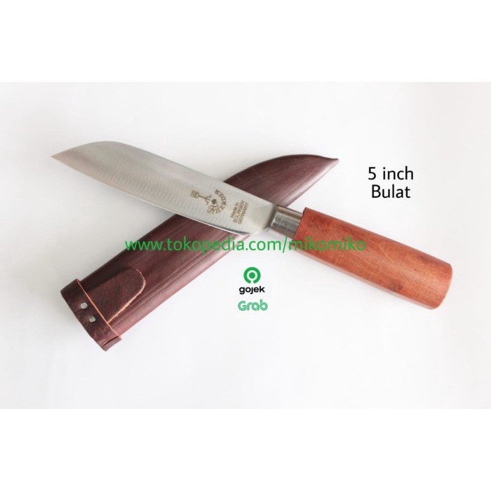 Pisau Cap Garpu Ukuran 5Inch Bulat Plus Sarung Kulit Sapi Coklat Gelap - Dapur / Kitchen