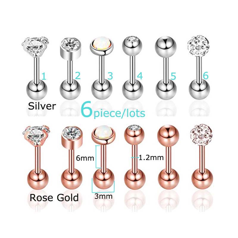 Wholesale 6piece/lots  Cartilage Earrings Stud Stainless Steel Helix Pinna Tragus Piercing 16G