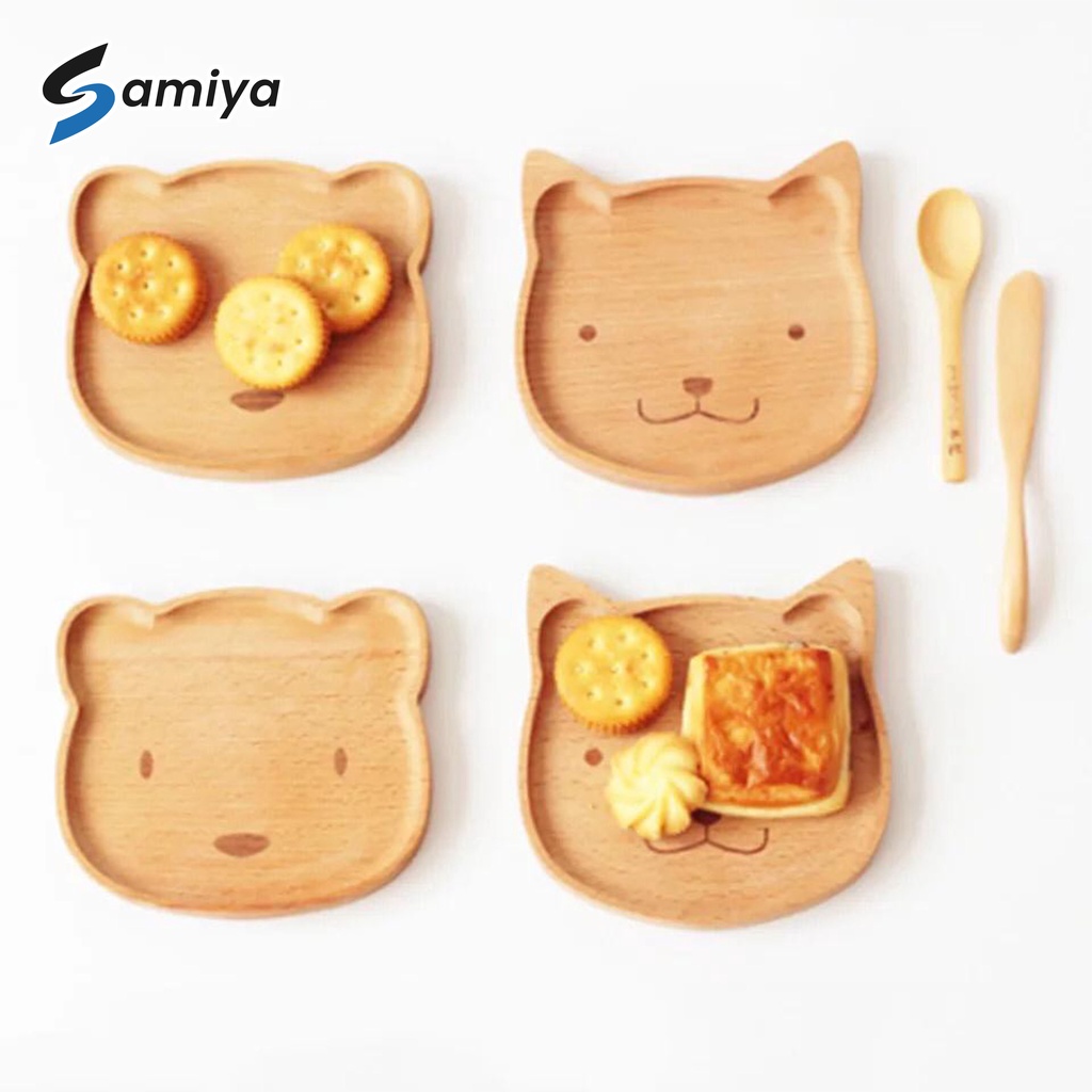 wooden tableware cute bear and rabbit / piring kayu saji buah cemilan snack dessert / wood plate