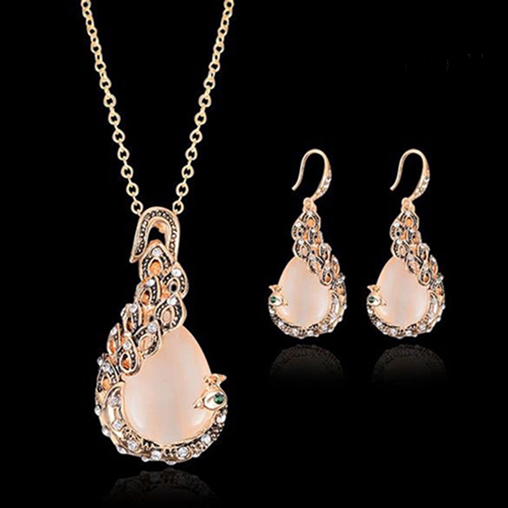 OW@ Women Elegant Waterdrop Rhinestone Pendant Necklace Hook Earrings Jewelry Set