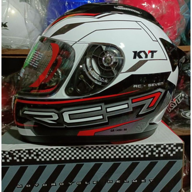 Helm Full Face KYT RC7 Motif Seri 14 White Black Red Putih Hitam Merah Original