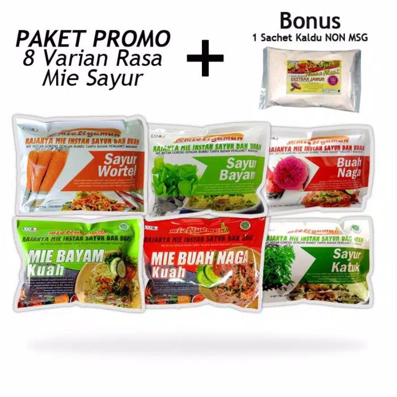 

Mie sayur dan buah 8varian kuah dan goreng free kaldu jamur 180gr