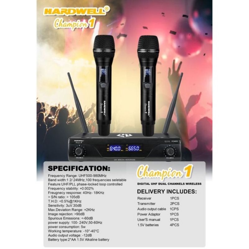 Microphone wireless Hardwell champion 1mic wireless UHF.vocal jernih cocok buat karaoke.pidato.imam all.