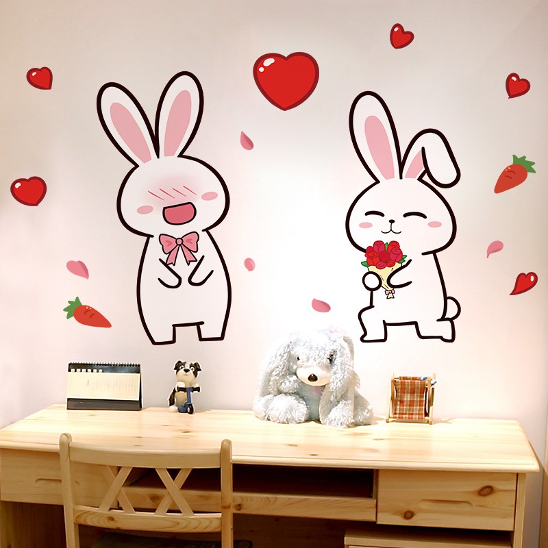 Kartun Kreatif Pasangan Kelinci Stiker Hiasan Dinding Stiker Dinding Kamar Tidur Tata Letak Wallpaper Pola Menancapkan Kecil