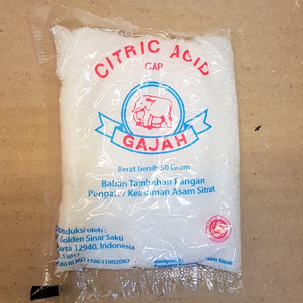 

Citric Acid cap Gajah 50gr Bahan Tambahan Pangan Pengatur Keasaman Asam Sitrat