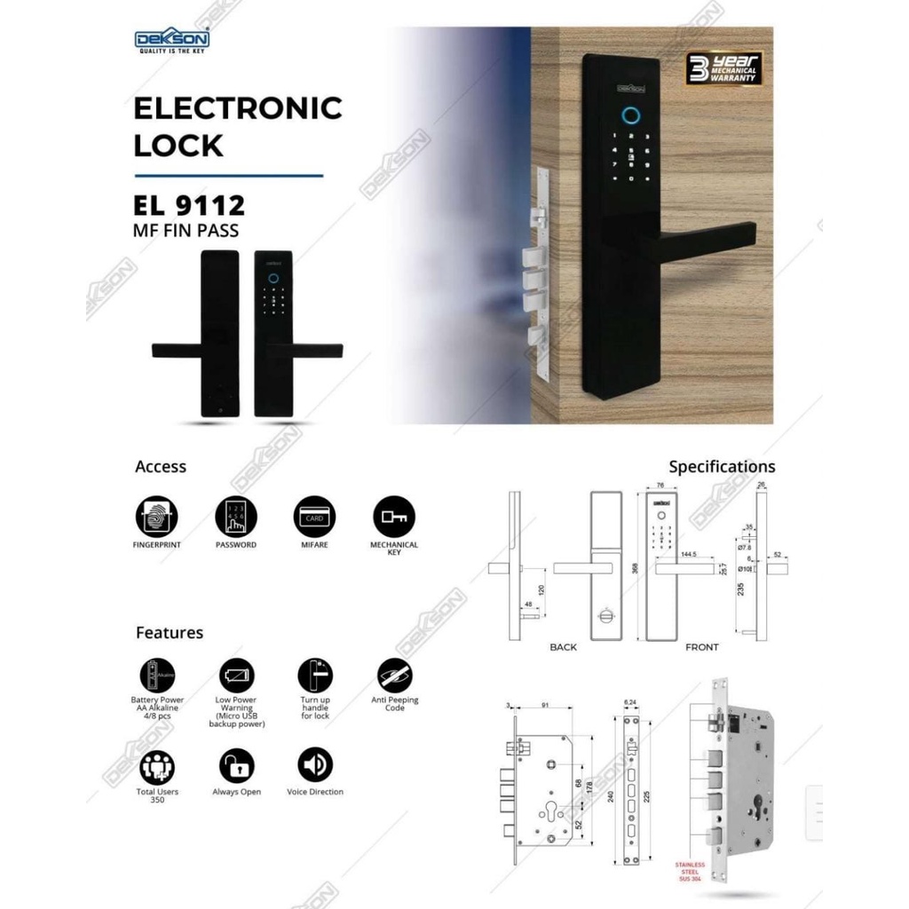 DEKSON ELECTRONIC LOCK DEKSON EL 9112 MF FIN PASS BLACK KUNCI DIGITAL