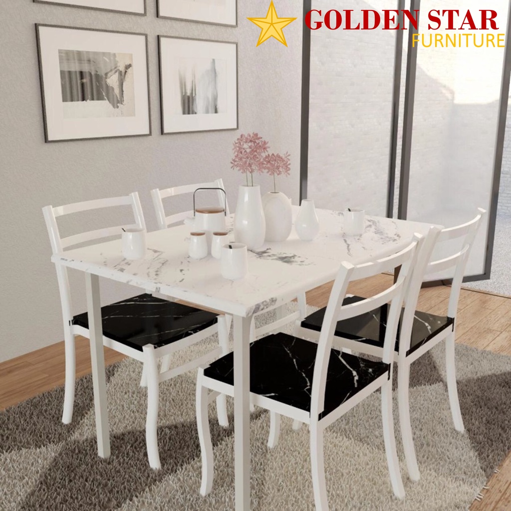 Meja Makan DTM Marble Putih Olympic 4 Kursi Dinning Table Minimalis