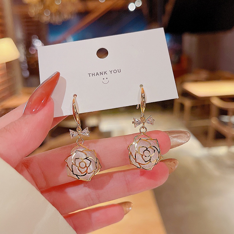 Shuling Super Sweet Hollow Rose Zircon Earrings Fashion Opal Drop Earrings