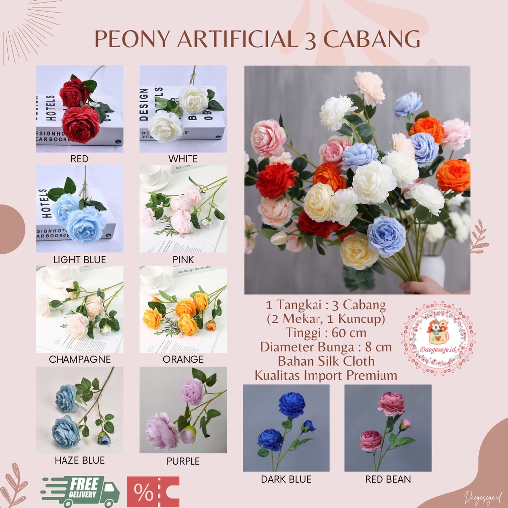 BUNGA PEONY ARTIFICIAL FLOWER 3 CABANG IMPORT PREMIUM | BUNGA PALSU BUATAN BUNGA HIAS DEKORASI BUKET