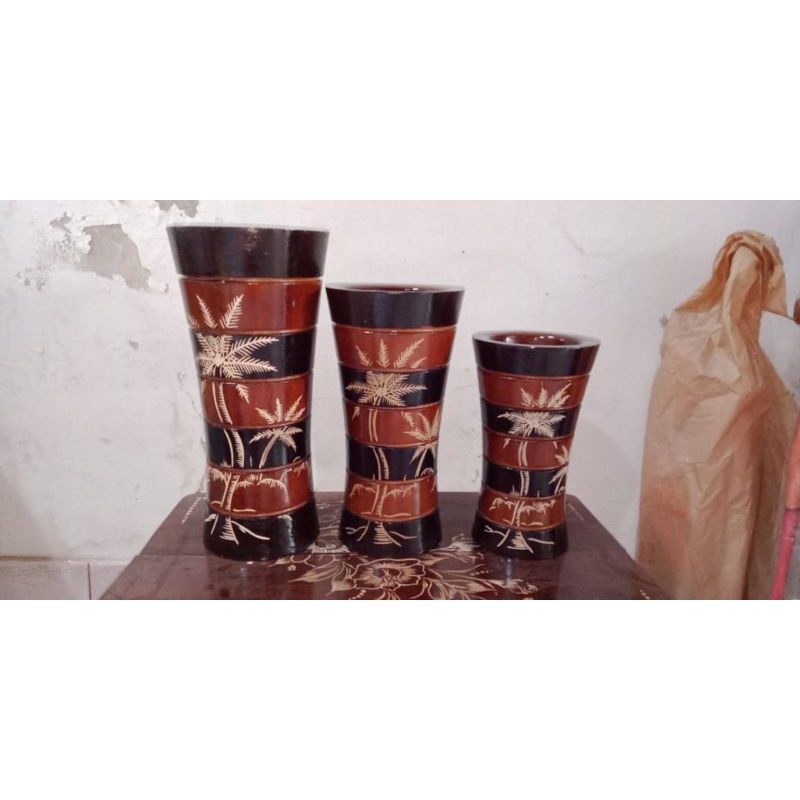 SATU SET VAS BUNGA LENGKUNG MOTIF ZEBRA COKLAT BAHAN KAYU JATI ISI 3 PCS - PAJANGAN DEKORASI RUMAH