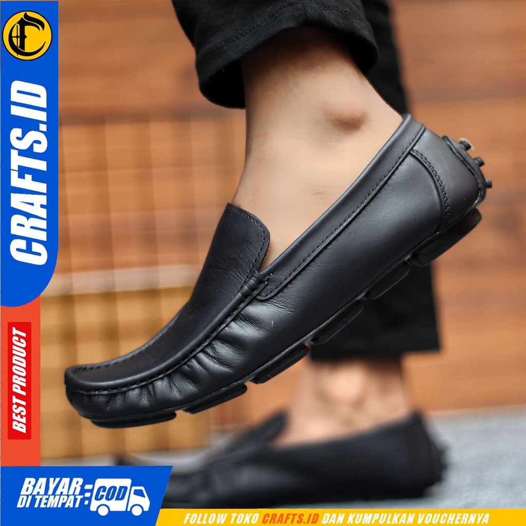 Sepatu Slip On Pria Sepatu Casual Pria Kulit Asli Kerja Kantor Kuliah Kondangan Sepatu Slop Pria Sepatu Hitam Pria CRAFT DALSEM