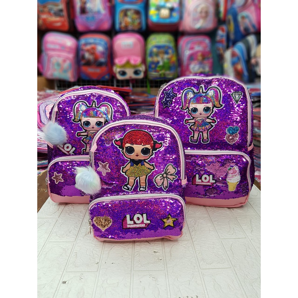 Tas Sekolah Anak SD dan TK Paud Model Sequin Usap Gambar Unicorn LOL Frozen Tas Ransel Anak SD TK PG Perempuan Free Pompom