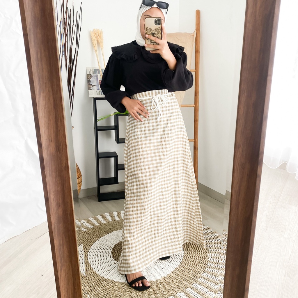 Rok Wanita Katun Motif Kotak ACE SKIRT-Mocca