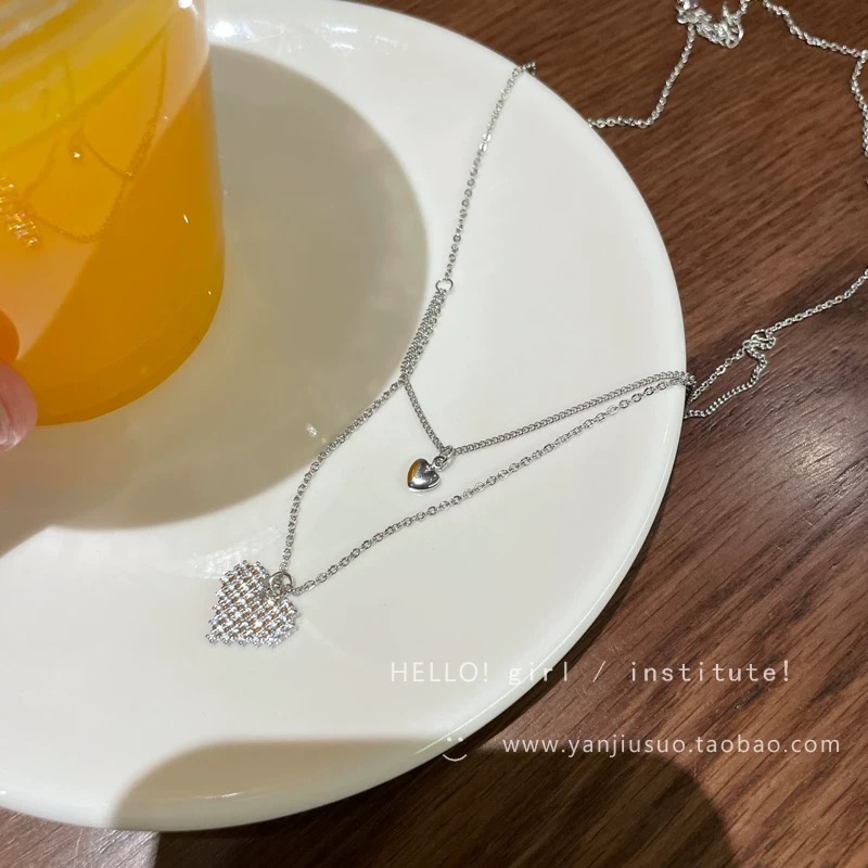 YEEZII Kalung Choker Rantai Ganda Hias Liontin Hati Kristal Warna Silver Untuk Wanita