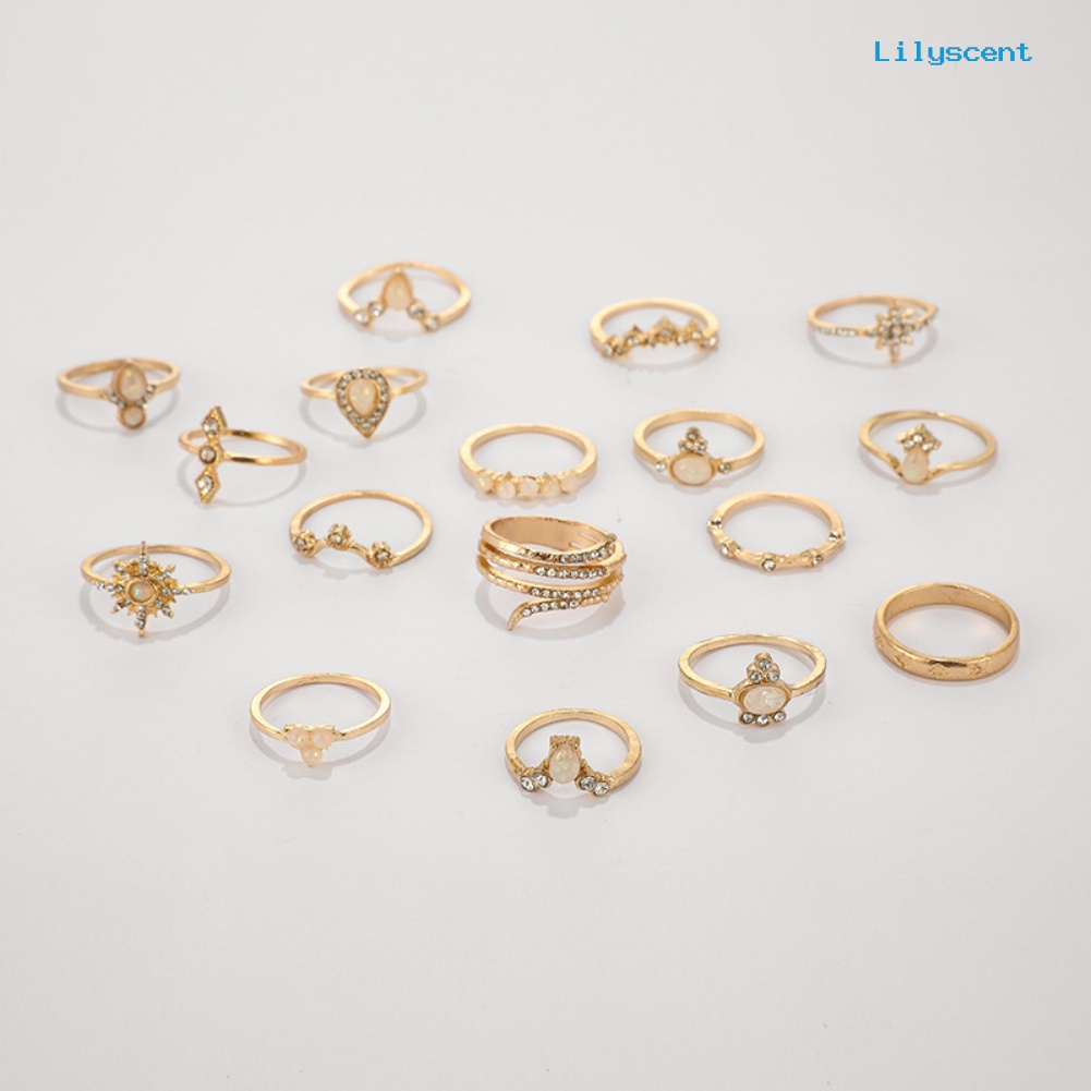 17pcs / Set Cincin Jari Bentuk Bunga Aksen Berlian Imitasi Gaya Bohemian Untuk Wanita