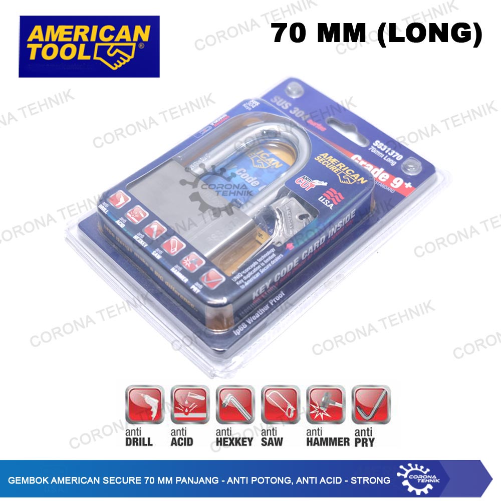 American  - Gembok Secure 70 mm Panjang - Anti Potong, Anti Acid - Strong